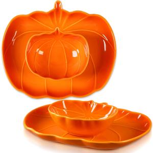 Tioncy 4 Pcs 9 Inch Pumpkin Shaped Plates and 5 Inch Fall Ceramic Bowls Set Thanksgiving Ceramic Pumpkin Tableware Fall Harvest Table Decoration for Thanksgiving Halloween Autumn Kitchen Party