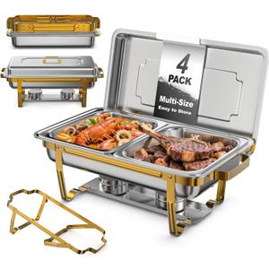 9Qt 4 Pack [Multiple Food Pans] Chafing Dishes for Buffet | Chafing Dish with 80% Faster [Screwless Assembly] and Stackable Design [Easy to Store] for Wedding/Party (Gold)