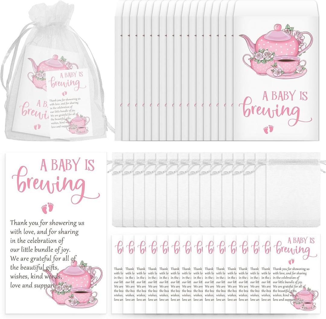 Spakon 50 Sets Tea Baby Shower Favors Decorations for Guest Include a Baby Is Brewing Brew Bags Pink Teapot Thank You Cards Organza Bags Gender Reveal Party Favor, No Tea