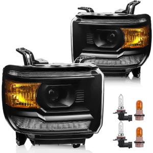 Headlight Assembly with LED DRL Compatible with GMC Sierra 2014-2018 1500 | 2015-2019 2500HD/3500HD Base/Denali/SLE/SLT, Headlamp Replacement with LED DRL, with Bulbs, Black Housing Amber Reflector
