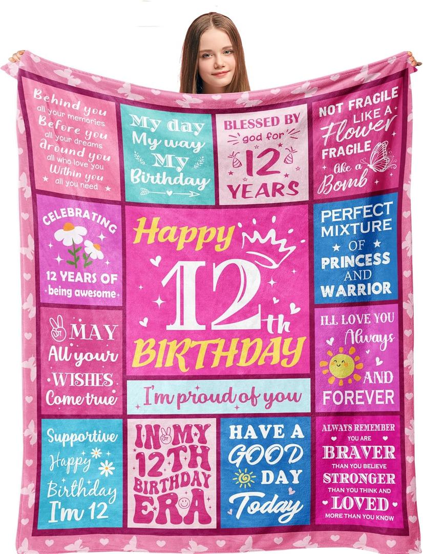 12 Year Old Girl Birthday Gifts - Gifts for 12 Year Old Girl - 12th Birthday Decorations for Girls - Twelve YR Bday Gift for Girls Daughter Granddaughter Niece Sister Ideas Blanket 50"x60"