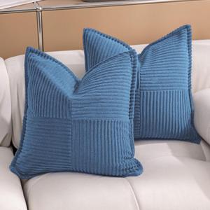 Puncuntex Dusty Blue Throw Pillow Covers 1818 Inches Set of 2 Corduroy Boho Decorative Soft Square Striped Cushion Covers for Couch Sofa Living Room 4545CM