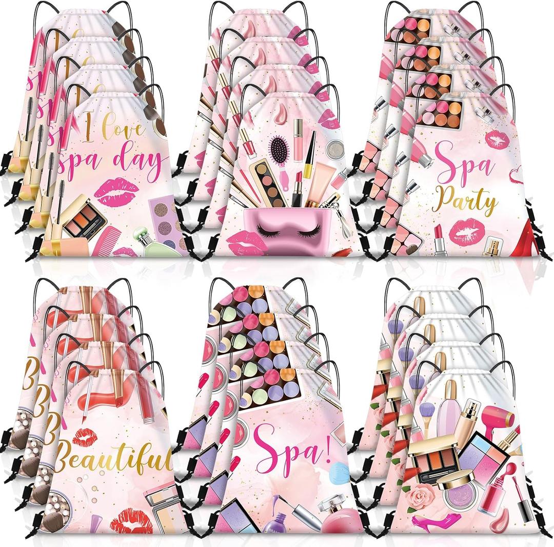 24 Pcs Spa Party Favor Bags Drawstring Backpack Gift Bags for Girls Women Makeup Birthday Party Decorations Salon Baby Shower Spa Decorations, 12 x 10 Inch