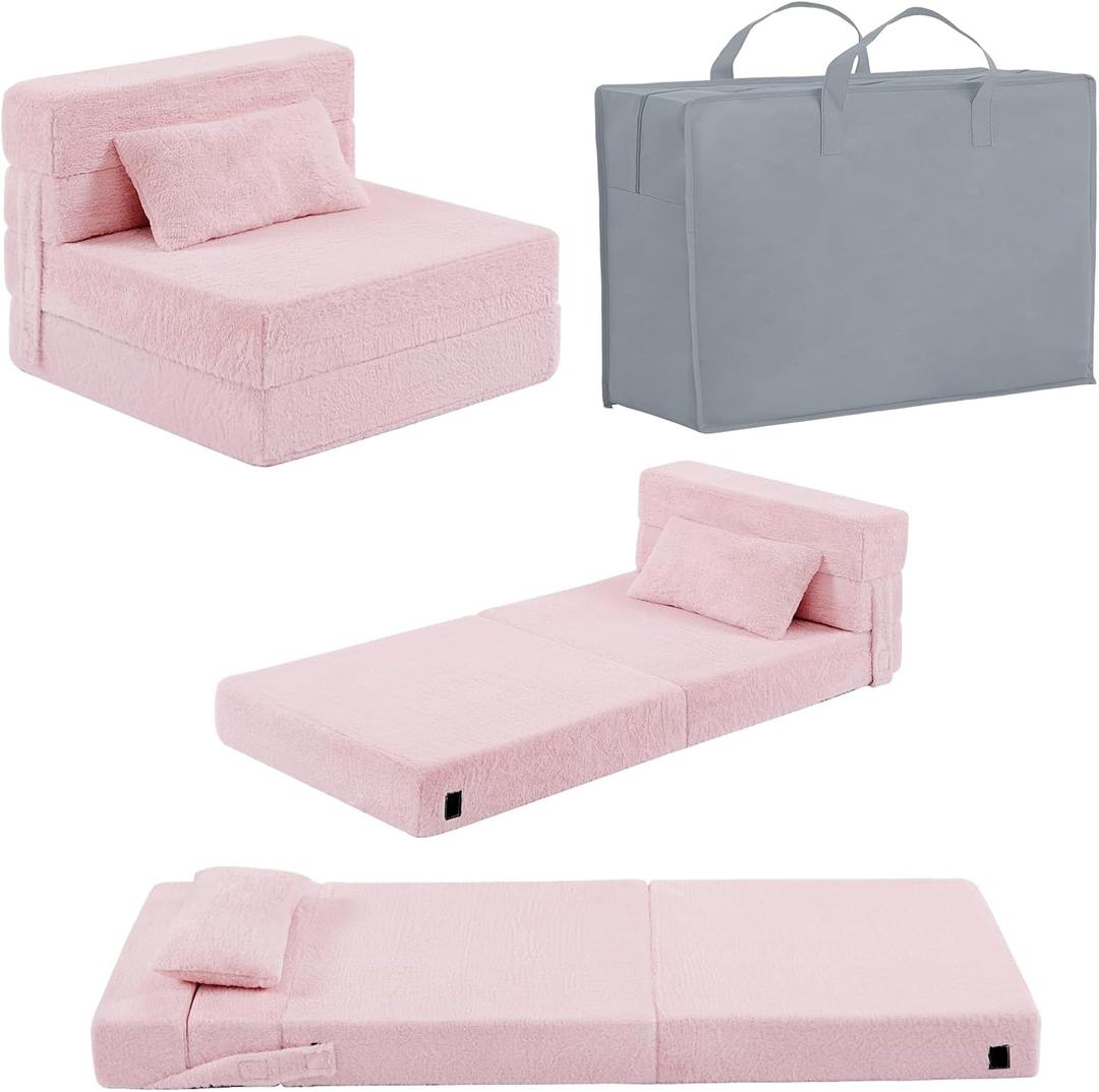 Folding Sofa Bed Floor Mattress for Kids with Pillow, Toddler Washable Folding Floor Nap Mat for Sleeping Daycare, Child Fold Up Sofa Futon Chair Bed with Storage Bag for Children (Plush Pink)