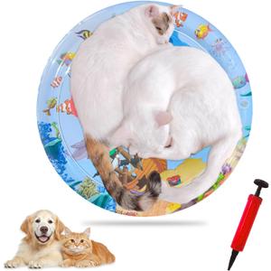 Cat Water Mat 2025 Upgrade 0.5mm Thickened, Ocean-Themed Round Sensory Water Play Mat for Cats, Scratch-Resistant Pet Water Bed with Fish, Summer Cooling Pad with Inflator, Durable & Easy-Clean