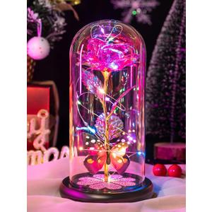 Valentines Day Rose Gifts for Her Women Birthday Gift Galaxy Glass Rose in Glass Dome Forever Eternal Crystal Flowers with Butterfly Valentines Day Gifts for Women Daughter Mom Wife Girlfriend Pink