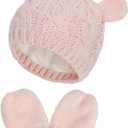 RAOEXI Unisex Baby Toddler Hat and Mitten Set Winter Knitted Thick Warm Beanie Cap Gloves for Infant Boys Girls (0-3 Months, Pink)