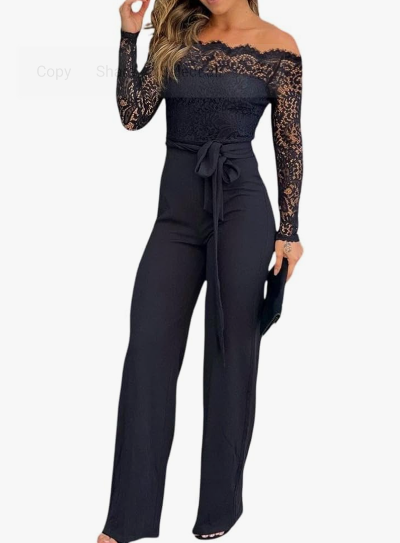 CHICME Womens Dressy Jumpsuits Casual One Piece Outfits Off Shoulder Lace Trim Overalls Straight Leg Pants Size M