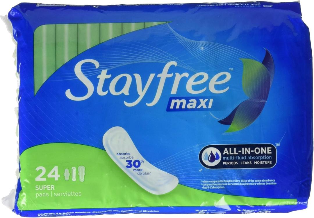 Stayfree Stayfree Maxi Pads, Super, Wingless, 24 Count, Pack of 6, 24 Count (Pack of 6), 24 Count