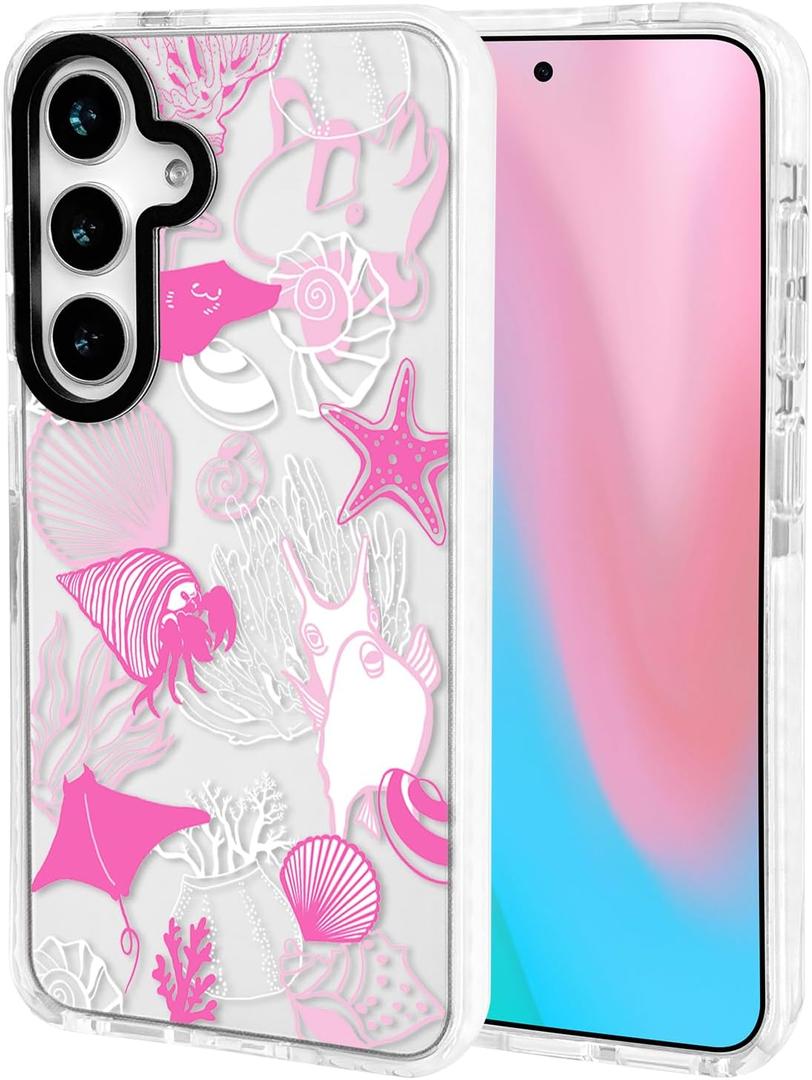 ChiCsFleur for Samsung Galaxy S23 Plus Case, TPU Phone case with Camera Protection for Women Girls Teens - Pink Preppy Sea Manta Y2K Shell Starfish Elegant Artsy Coral Ocean Gift Aesthetic Unique