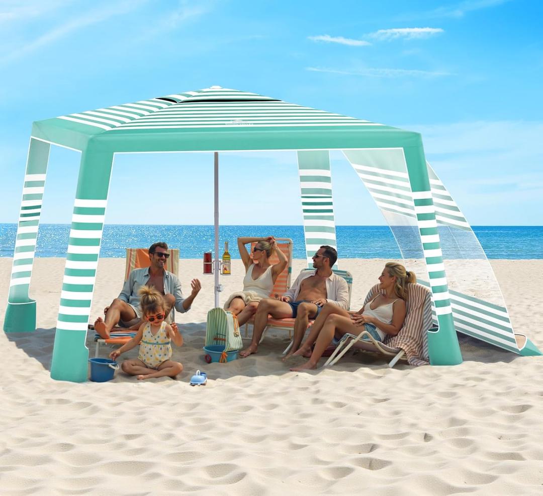 Rhino Valley Beach Cabana, 8 * 8FT Beach Tent UPF50+ Protection, Easy Setup Beach Canopy Wind Resistant with Cup Holder, Compact Beach Shade Foldable Beach Tent Sun Shelter, Green White, 94.49" L x 94.49" W x 78.74" H