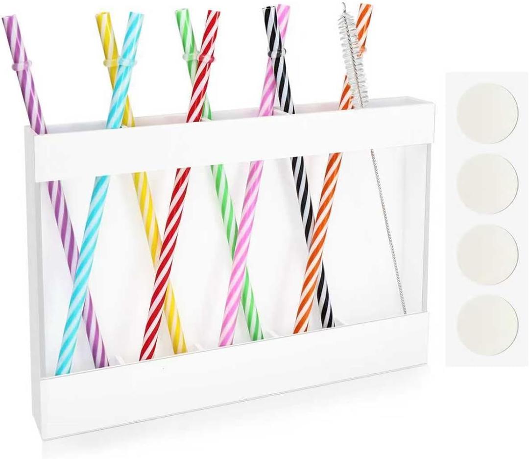 Acrylic Straw Holder for Cabinet Door With 8 Color Straw Transparent Organizer Storage Kitchen Accessories Container Ultra Sticky Cupboard Door Mounted (White)
