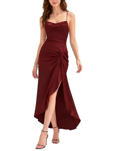 SUNSTORY Women’s Burgundy Satin Maxi Dress: 2026 Backless Sleeveless Bodycon Formal Gown, High Slit Tie Back Slim Fitted Long Summer Dresses for Wedding Guest Evening Party Cocktail, L