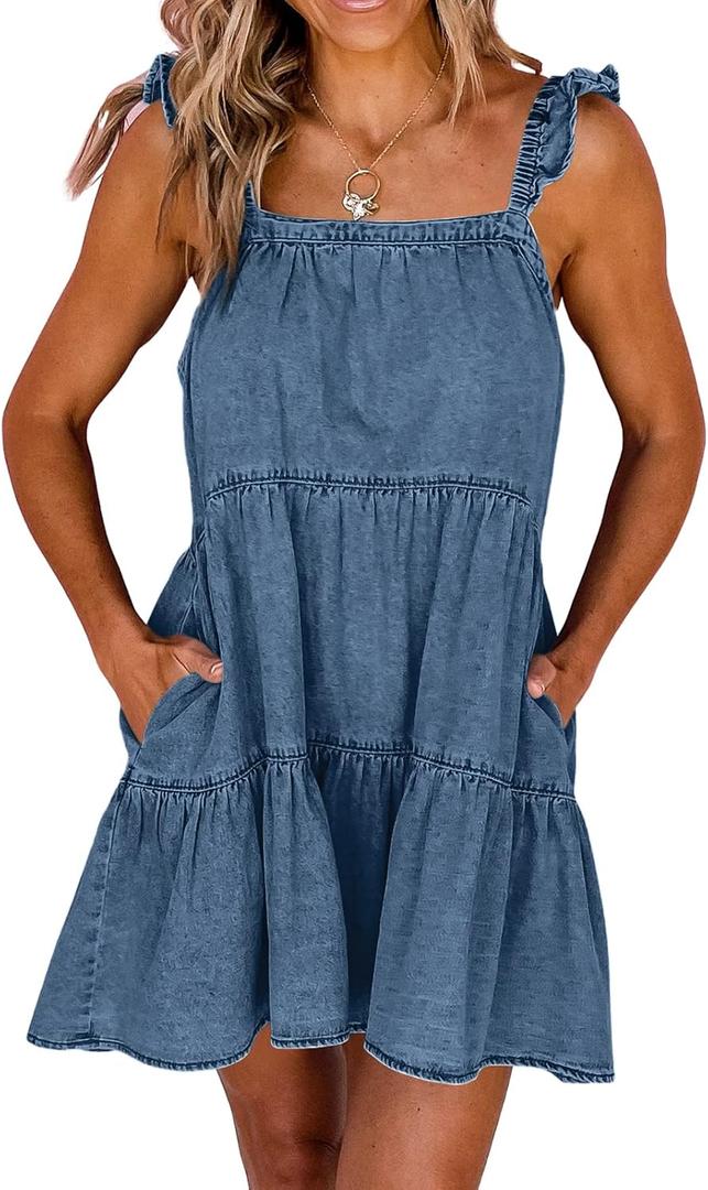 Newffr Womens Summer Denim Dress Square Neck Ruffle Trim Sleeveless Babydoll Flowy Jean Dresses with Pockets (Small, Blue)