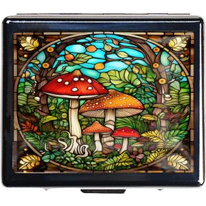 Travel Pill Organizer 7 Day Metal Pill Box with Mirror and 8 Compartments Cute Travel Pill Organizer for Purse (Mushroom Garden)