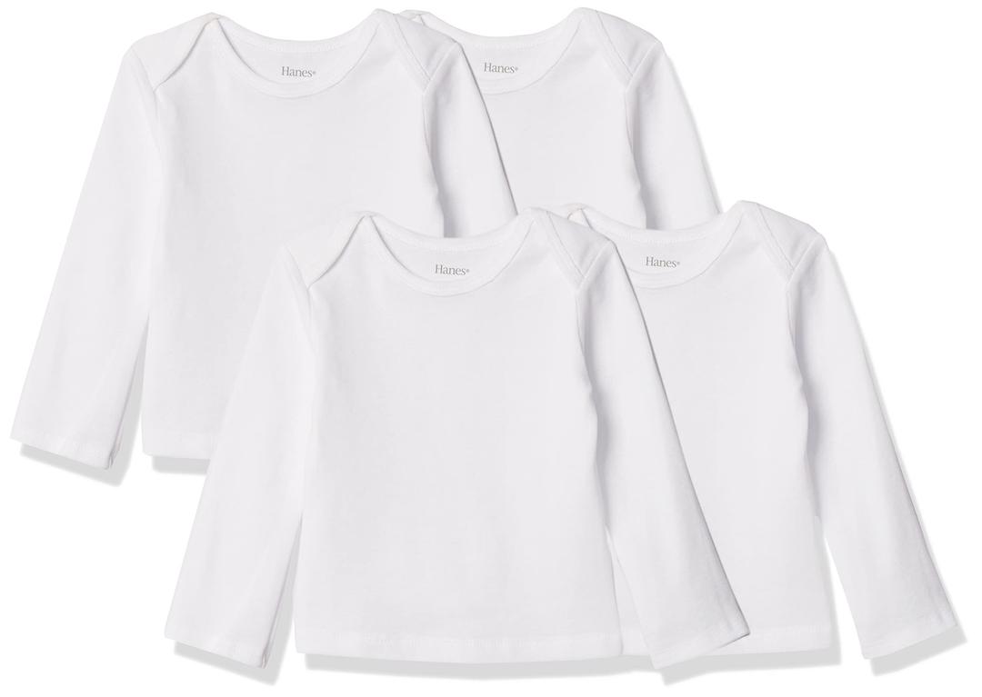 Hanes baby girls Ultimate Flexy 4 Pack Long Sleeve Crew Tees T Shirt Set, Diamond White, 0-6 Months US