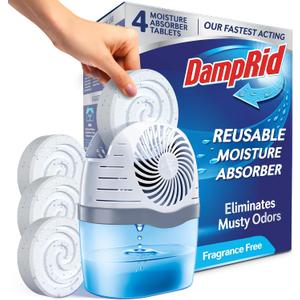 DampRid Reusable Moisture Absorber with 4 Drop-In Tablets, Fragrance Free, 15.8 oz., Attract and Trap Excess Moisture & Eliminate Musty Odors for Cleaner, Fresher Air