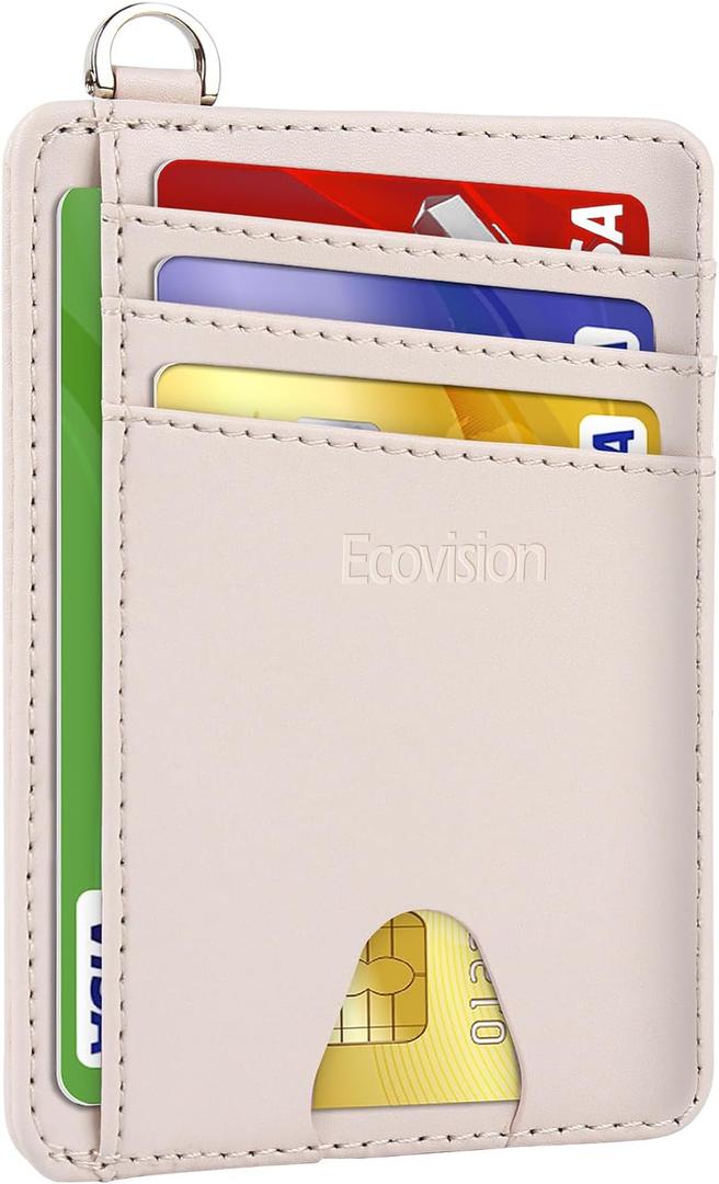 EcoVision Slim Minimalist Front Pocket Wallet, RFID Blocking Credit Card Holder Wallet with Detachable D-Shackle for Men Women. Cowhide Pink Apricot