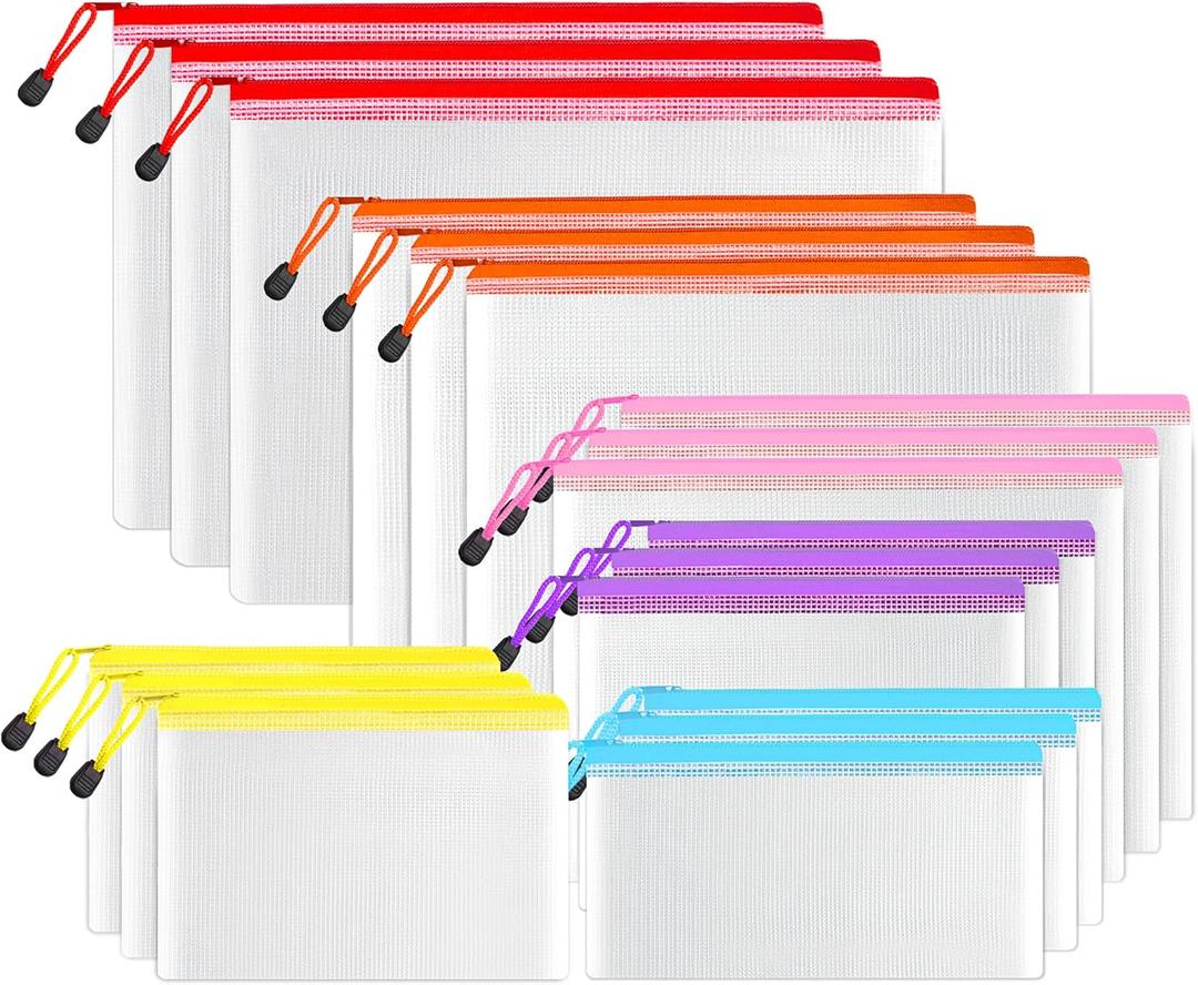 SUNEE Multisize Plastic Zipper Pouches (6 Colors, 18 Packs), Water-Resistant Zip Bag for School Office Supplies, Puzzles & Games Organizing Storage (Multicolored)