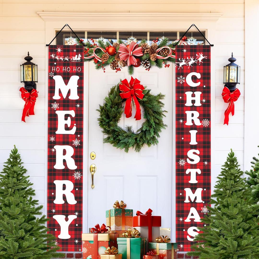 Christmas Decorations Outdoor Indoor, Merry Christmas Banner Xmas Yard Front Porch Door Sign forChristmas Home Navidad Decor Door Wall Decoration (Red Black Plaid)