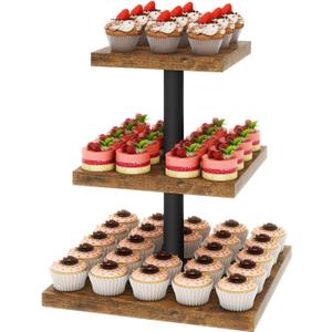 IBUYKE 3 Tier Cupcake Stand,Wood Durable Cupcake Tower,Square Serving Dessert Display Stand,Cupcake Tray Stand,Dessert Tree Tower for Christmas Birthday,Home Party, Wedding, Baby Shower,Rustic Brown UTLJ014H