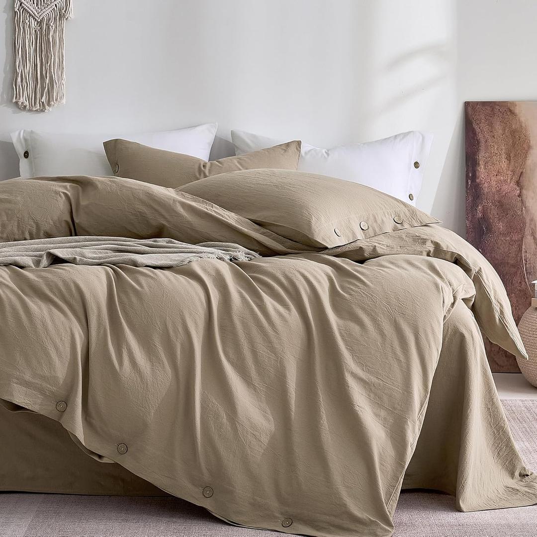 JELLYMONI 100% Washed Cotton Duvet Cover King Soft, Breathable Linen-Look Bedding with Natural Wrinkle Texture, Button Closure, 3-Piece Set (Dusty Khaki, 104"x90")