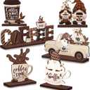 Blosssound 6 Pcs Coffee Bar Decor Sign Coffee Bar Accessories Farmhouse Gnomes Rustic Table Centerpiece Wood Tiered Tray Decor Table Signs for Home Kitchen Ornament