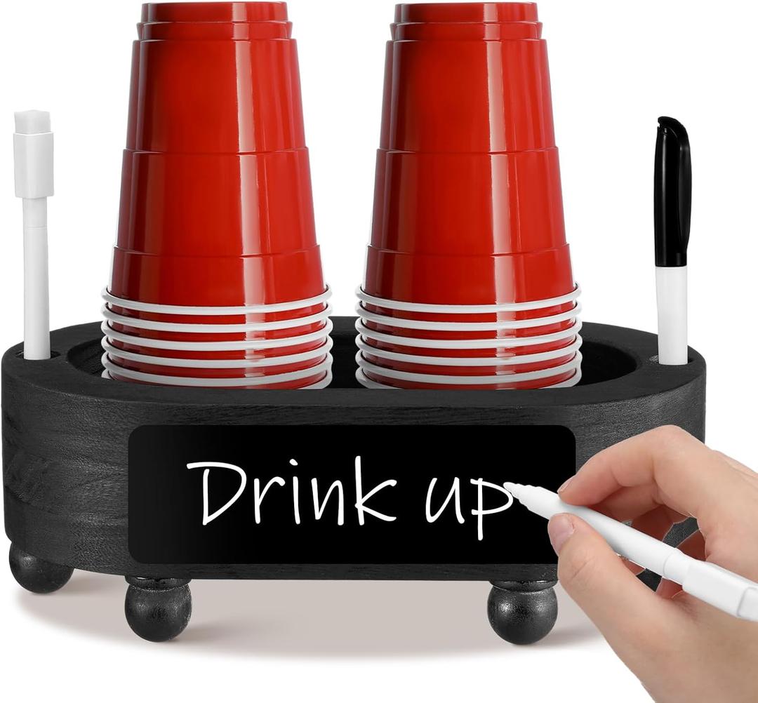 Patelai Double Wooden Cup Holder with Marker Slot Paper Cups Storage Box Disposable Rustic Mug Holder Mark Your Cups and Drink Plastic Cup Organizer for Home Decoration Wedding Party (Black)
