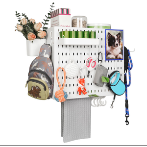 Pet Supply Storage Organizer Wall Mount Adjustable Metal Storage Shelving Unit, 16 Hooks, Tray, Mesh Bag For Holding Dog Toys, Treats, Coats | Dog Leash Holder For Wall with Shelf, 16 Inch Wide, White