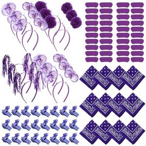 Canlierr 54 Pcs Team Spirit Items Bulk Team Spirit Week Accessories Include Pom Pom Headbands Bandana Whistles Stickers for Sports Events Cheering Essentials(Purple)