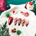 4 x Christmas Press on Nails Almond Medium Red French Tip Fake Nails with Glitter Xmas Snowflake Stripe Designs Glossy Acrylic Nails Press ons Red Full Cover Stick Glue on Nails for Women 24 Pcs