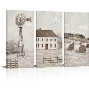 3 x HOMEOART Rustic Farmhouse Canvas Wall Art Living Room Decor Farm House Country Style Decoration Windmill Barn Pictures Wall Decor, Framed Ready to Hang, 16x32inchx3Pieces