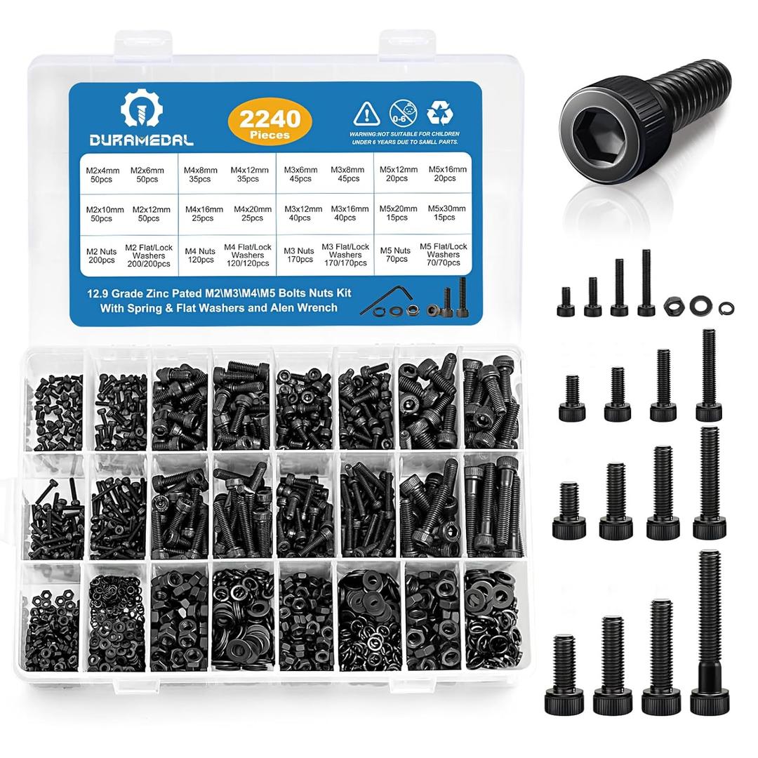 2240PCS Metric Screw Assortment,M2-M5 Metric Screw Kit, Hex Socket Metric Bolts, Metric Machine Screws 12.9 Grade Alloy Steel,Black Zinc Plated,Free Allen Head Wrench