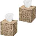Set of 2 Seagrass Handwoven Wicker Tissue Box Cover, Natural Handmade Napkin Box Holder, Handcrafted Square Facial Tissue Holder for Bathroom, Rustic Decorative on Table and Bathroom,Boho Decorative