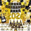New Years Eve Party Supplies 2026, Happy New Years Decorations, Happy New Year Banner, Hats, Glasses, Hanging Swirls, Black Gold Balloons, Photo Props, Champagne Wine Glass 2026 Foil Balloon, Curtain
