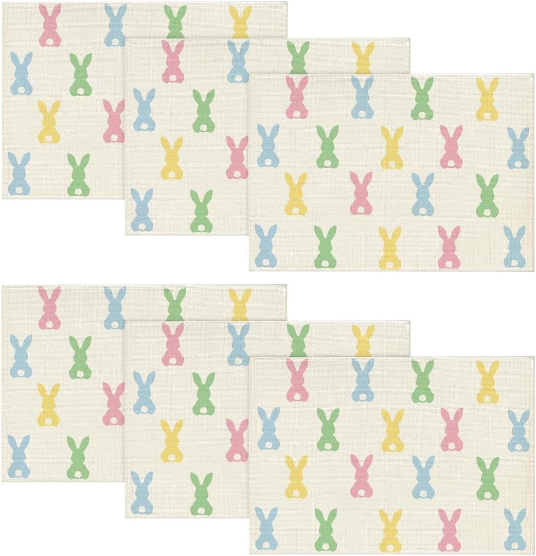 Artoid Mode Colorful Bunny Rabbit Easter Placemats Set of 6, 12x18 Inch Seasonal Table Mats for Party Kitchen Dining Decoration (Pink)