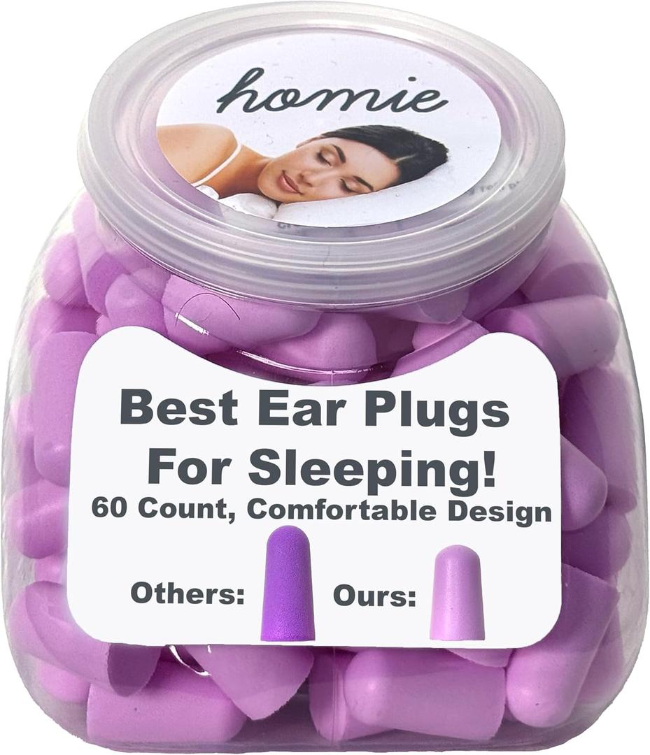 Homie Foam Earplugs for Sleeping, 60 Pair - 33dB Highest NRR, Comfortable Ear Plugs for Sleeping, Snoring, Travel, Concerts, Studying, Loud Noise, Work (Violet), 60 Count (Pack of 1)