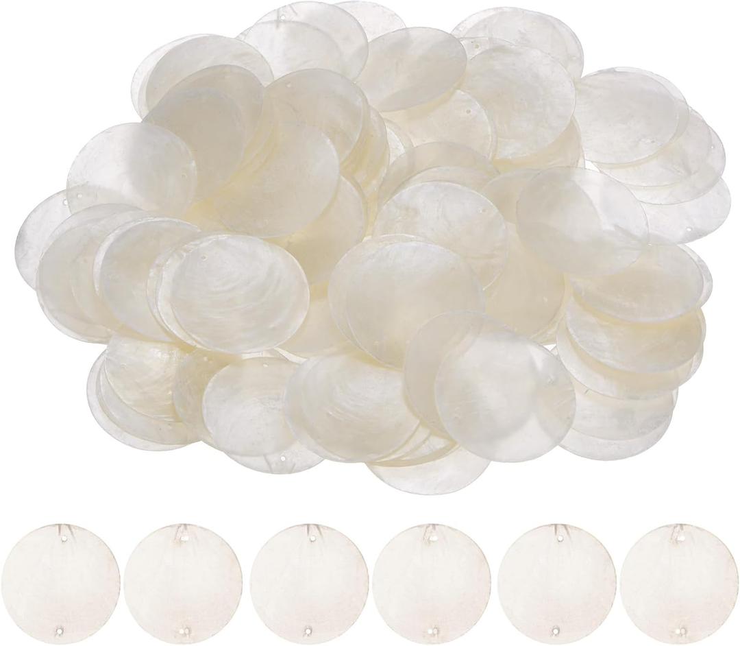 100-Pack Round Shells Pieces, 2 Inch Flat Round Natural Shell Charm with Hole, Discs Sea Shells Coin Bead Connector for Wind Chimes/DIY Craft Hanging [White]