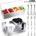 Tessco for you Garnish Tray with Lid Bar Caddy Ice Cooled Condiment Serving Container with Ice Scoop Metal Mini Serving Tongs Fruit Fork Spoons for Food Home Party Kitchen (Stainless Steel,4 Grids)