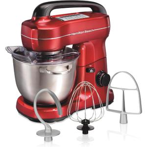Hamilton Beach Electric Stand Mixer, 4 Quarts, Dough Hook, Flat Beater Attachments, Splash Guard, 7 Speeds with Whisk, Easy-Carry Top Handle, Red