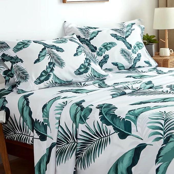 KACEMOO Queen Sheet Set 4PC Printed Bed Sheets Floral Sheet Queen Pattern Cooling Soft Microfiber 17Deep Pocket Sheet Set, Easy Care, Breathable, Wrinkle Free, Machine Washable Bed Set