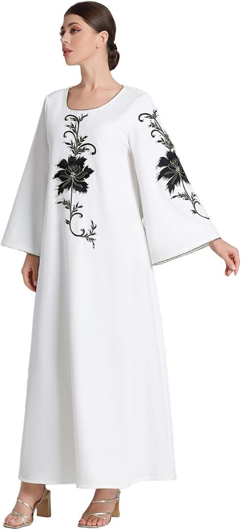 Elegant White Abaya for Women with Black Floral Embroidery and Beading Dubai Kaftan for Wedding Eid (Medium)