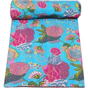 Marubhumi Quilts Indian Handmade, Reversible, Vintage Kantha Quilt, Comforter, Fruit Print Kantha Quilt - Turquoise - King (108 x 108 Inches)