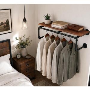 58 Inch Industrial Pipe Wall Clothing Rack with Shelves, Solid Wood, Black