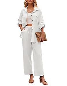 Zeagoo Women 2 Piece Linen Sets 2025 Button Down Shirt and Drawstring Long Pants Set Summer Outfitsï, White, M