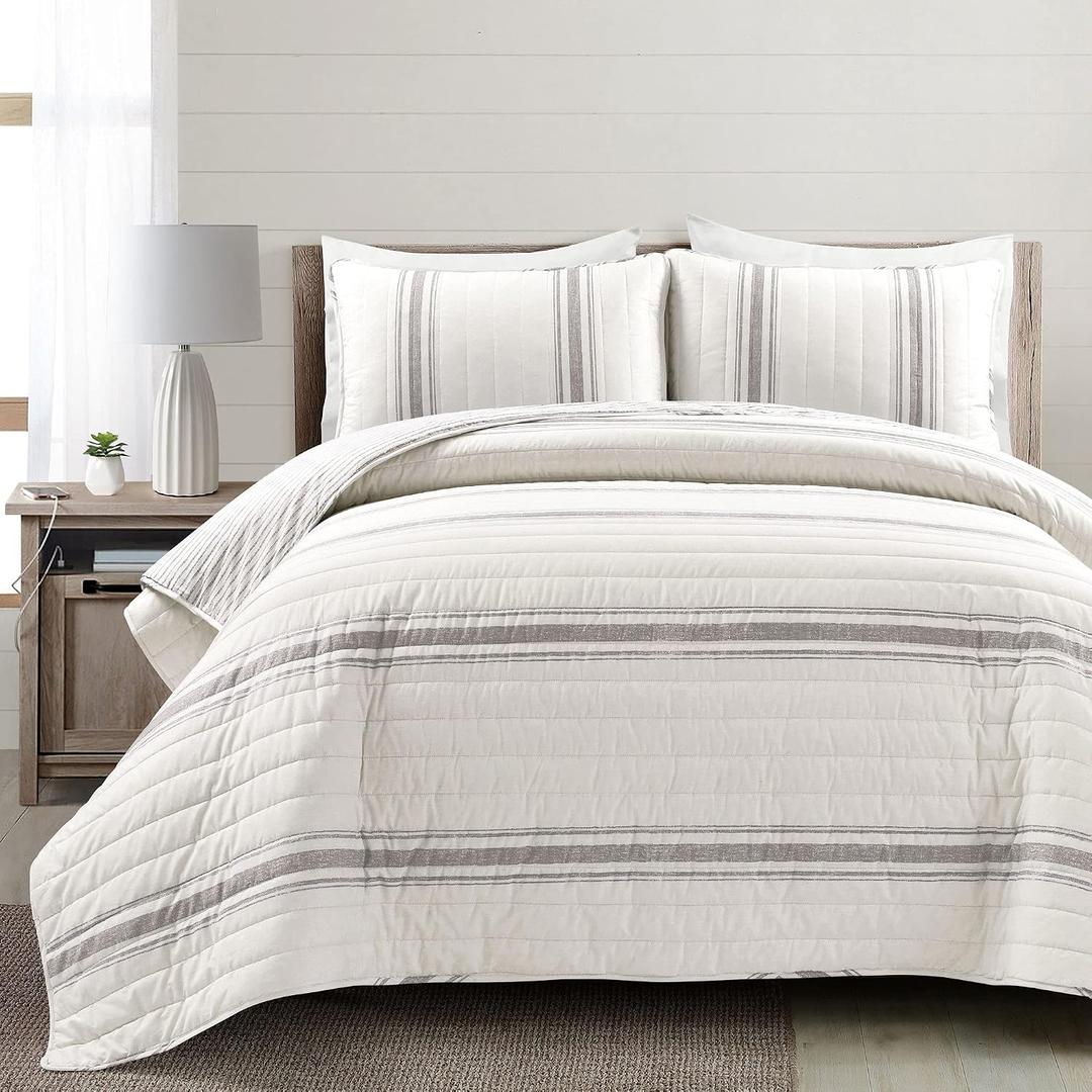 Lush Decor Farmhouse Stripe Reversible Cotton Quilt California King Size 3 Piece Set Gray - Farmhouse Bedding Set - Cal King Quilt - Striped Bedding