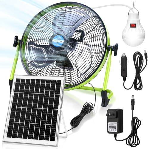 Sumind 14 Inch Portable Rechargeable Fan,15000mAh 20W Battery Powered, Solar Powered Camping Fan with Panel and Light for Outside, Home, Travel, Chicken Coop, Dog House, Shed, Greenhouse