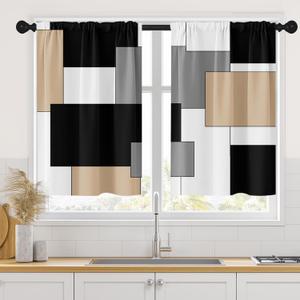 Geometric Beige Kitchen Curtains 36 Inch Length Black Grey White Window Short Tier Curtains Over Sink Set of 2, Modern Abstract Art Small Kitchen Decor 26x36 Inch