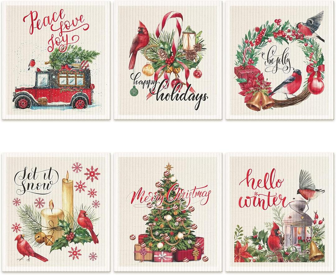 Cunhill 6 Pcs Swedish Kitchen Dish Cloths Kitchen Towels Reusable Sponge Cleaning Cloths Wipes Absorbent Dish Cloth Quick Drying Washable Decorative Tea Towels No Odor Bar Hand Towel (Cardinal Bird)