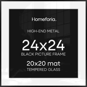 Homeforia 24x24 Picture Frame Black, High End Metal 24 x 24 Large Square Poster Frame Matted to 20 x 20 in Photo, 24by24 Thin Black Frames with Mat 20x20 inch Print, Tempered Glass, Wall Kit, Set of 1